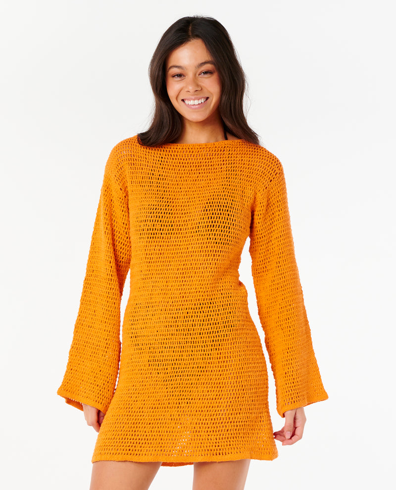 Neon Isles Long Sleeve Crochet Dress - Light Orange