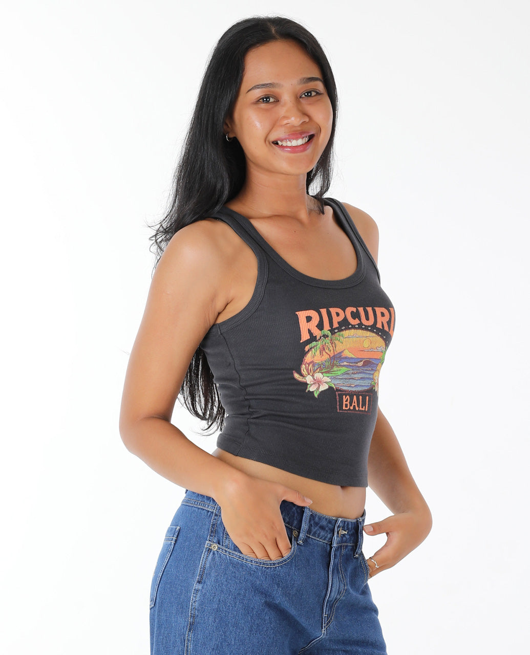 Sunset Ribbed Tank - Washed Black Bali - Surf Clothing for womens